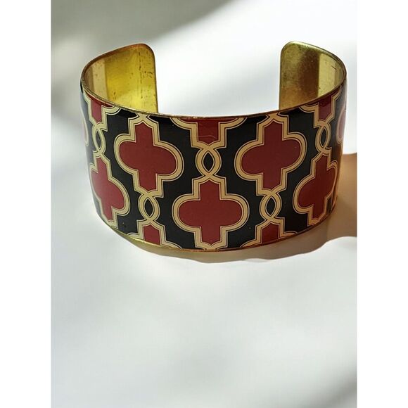 Mudpie Red & Black Geometric Cuff Bracelet โ Gold Tone Wide Enamel Adjustable - Picture 2 of 6